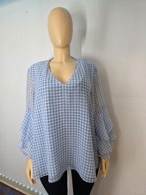 Liz Claiborne Light Blue Gingham V-Neck Ruffle Sleeve Tunic US/XL